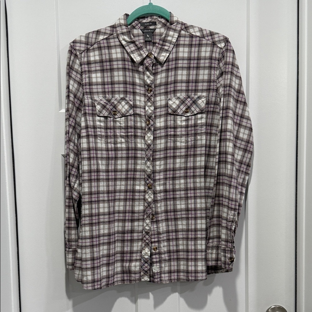 Eddie Bauer Women’s Plaid Button-Down Shirt - Gray & Purple